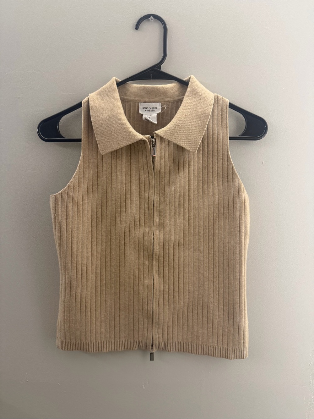 Song of Style Beige Ribbed Zip-Collar Knit Top